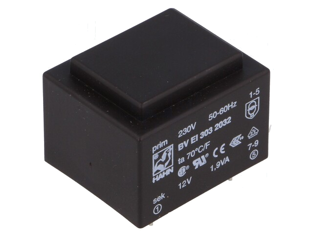 Transformator: ingegoten; 1,9VA; 230VAC; 12V; 158mA; PCB; BVEI Transformator: ingegoten; 1,9VA; 230VAC; 12V; 158mA; PCB; BVEI